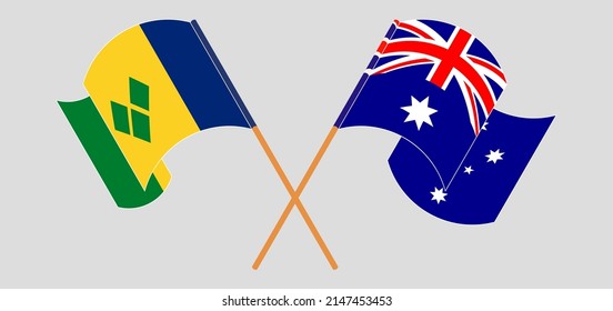 Crossed flags of Saint Vincent and the Grenadines and Australia. Official colors. Correct proportion. Vector illustration
