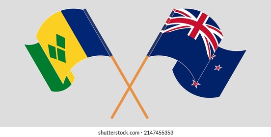 Crossed flags of Saint Vincent and the Grenadines and New Zealand. Official colors. Correct proportion. Vector illustration
