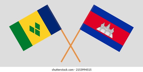 Banderas cruzadas de San Vicente y las Granadinas y Camboya. Colores oficiales. Proporción correcta. Ilustración del vector
