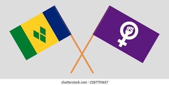 Crossed flags of Saint Vincent and the Grenadines and Feminism. Official colors. Correct proportion. Vector illustration
