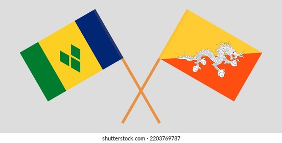Crossed flags of Saint Vincent and the Grenadines and Bhutan. Official colors. Correct proportion. Vector illustration

