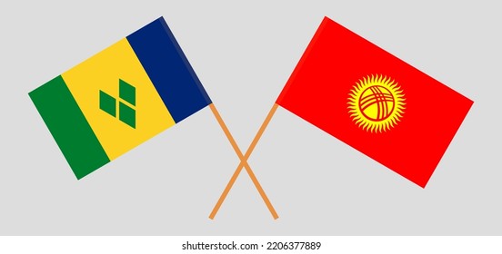 Crossed flags of Saint Vincent and the Grenadines and Kyrgyzstan. Official colors. Correct proportion. Vector illustration
