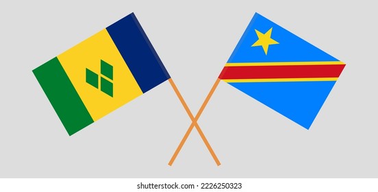 Crossed flags of Saint Vincent and the Grenadines and Democratic Republic of the Congo. Official colors. Correct proportion. Vector illustration
