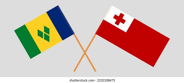 Crossed flags of Saint Vincent and the Grenadines and Tonga. Official colors. Correct proportion. Vector illustration
