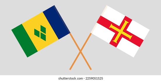 Überquerte Flaggen von St. Vincent und die Grenadinen und Bailiwick von Guernsey. Offizielle Farben. Richtiger Anteil. Vektorgrafik
