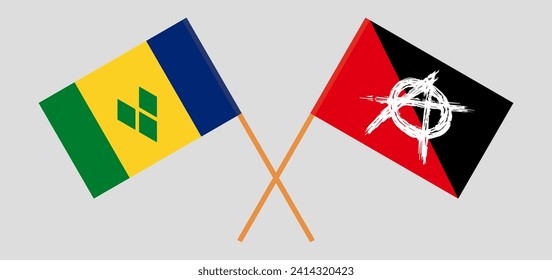 Crossed flags of Saint Vincent and the Grenadines and anarchy. Official colors. Correct proportion. Vector illustration
