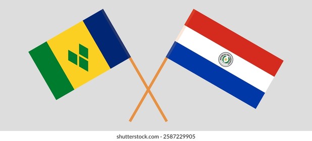 Crossed flags of Saint Vincent and the Grenadines and Republic of Paraguay. Official colors. Correct proportion. Vector illustration.
