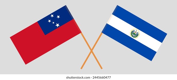 Crossed flags of Samoa and El Salvador. Official colors. Correct proportion. Vector illustration
