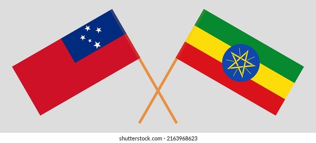 Gekreuzte Flaggen von Samoa und Äthiopien. Offizielle Farben. Richtiger Anteil. Vektorgrafik
