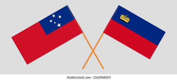 Crossed flags of Samoa and Liechtenstein. Official colors. Correct proportion. Vector illustration
