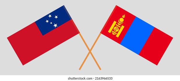 Banderas cruzadas de Samoa y Mongolia. Colores oficiales. Proporción correcta. Ilustración del vector
