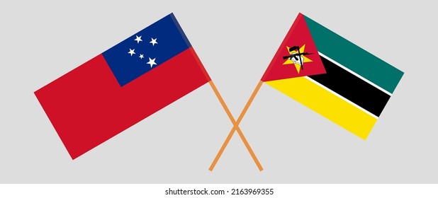 Crossed flags of Samoa and Mozambique. Official colors. Correct proportion. Vector illustration
