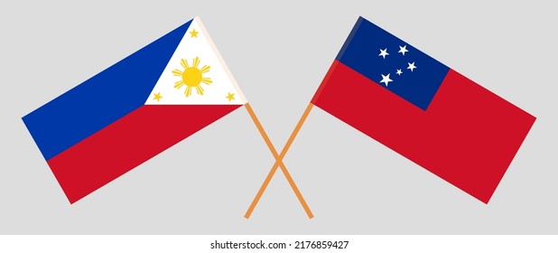 Überquerte Flaggen von Samoa und den Philippinen. Offizielle Farben. Richtiger Anteil. Vektorgrafik
