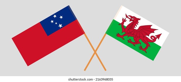 Crossed flags of Samoa and Wales. Official colors. Correct proportion. Vector illustration
