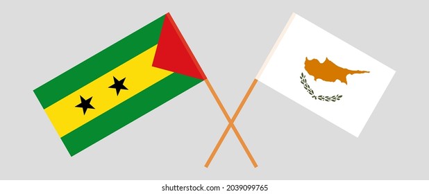 Crossed flags of Sao Tome and Principe and Cyprus. Official colors. Correct proportion