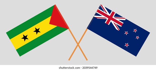 Crossed flags of Sao Tome and Principe and New Zealand. Official colors. Correct proportion