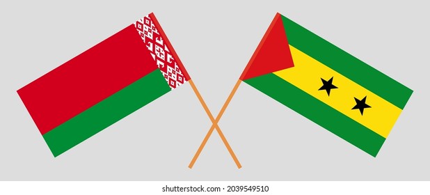 Crossed flags of Sao Tome and Principe and Belarus. Official colors. Correct proportion