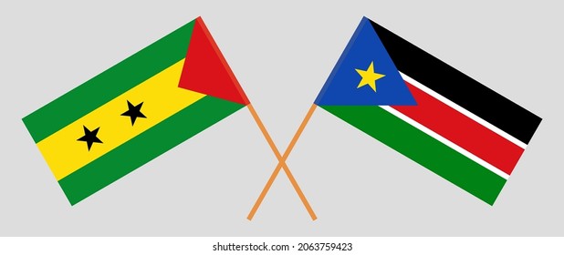 Crossed flags of Sao Tome and Principe and South Sudan. Official colors. Correct proportion
