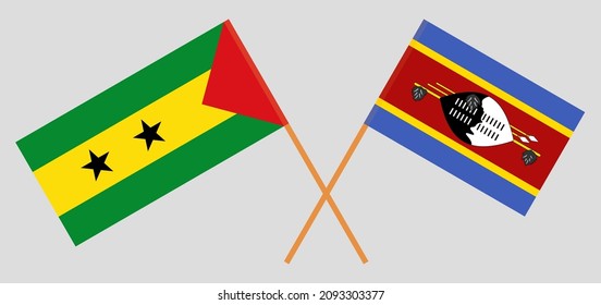 Crossed flags of Sao Tome and Principe and Eswatini. Official colors. Correct proportion