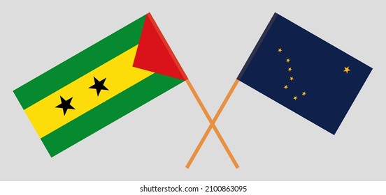 Crossed flags of Sao Tome and Principe and the State of Alaska. Official colors. Correct proportion. Vector illustration

