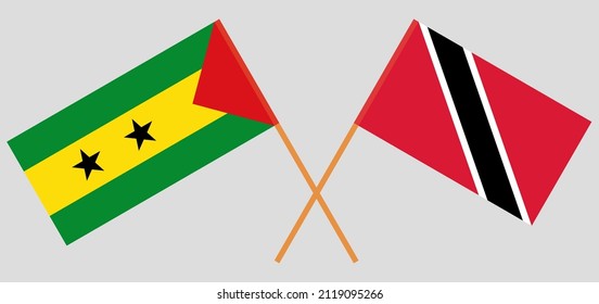 Crossed flags of Sao Tome and Principe and Trinidad and Tobago. Official colors. Correct proportion. Vector illustration
