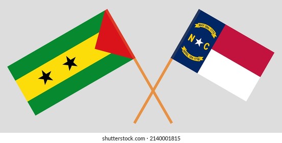 Crossed flags of Sao Tome and Principe and The State of North Carolina. Official colors. Correct proportion. Vector illustration
