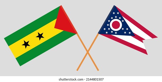 Crossed flags of Sao Tome and Principe and the State of Ohio. Official colors. Correct proportion. Vector illustration
