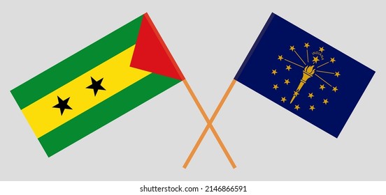 Crossed flags of Sao Tome and Principe and the State of Indiana. Official colors. Correct proportion. Vector illustration
