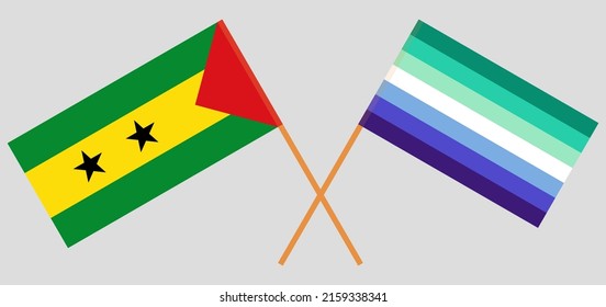 Crossed flags of Sao Tome and Principe and gay men pride. Official colors. Correct proportion. Vector illustration
