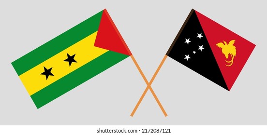 Crossed flags of Sao Tome and Principe and Papua New Guinea. Official colors. Correct proportion. Vector illustration
