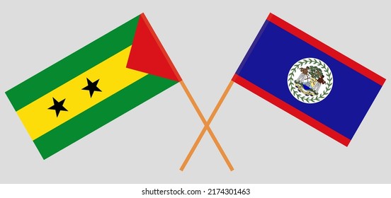 Crossed flags of Sao Tome and Principe and Belize. Official colors. Correct proportion. Vector illustration

