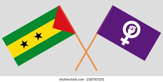 Crossed flags of Sao Tome and Principe and Feminism. Official colors. Correct proportion. Vector illustration
