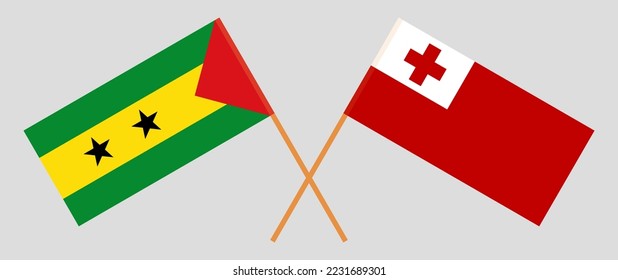 Crossed flags of Sao Tome and Principe and Tonga. Official colors. Correct proportion. Vector illustration
