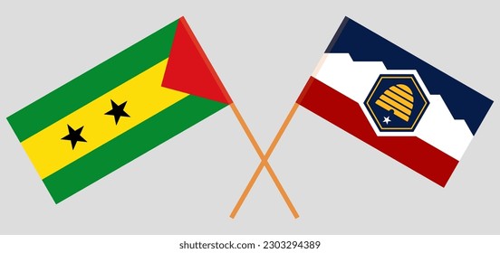 Crossed flags of Sao Tome and Principe and The State of Utah. Official colors. Correct proportion. Vector illustration
