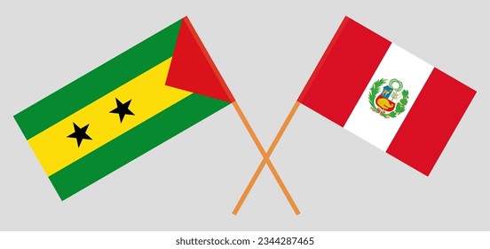 Crossed flags of Sao Tome and Principe and Peru. Official colors. Correct proportion. Vector illustration
