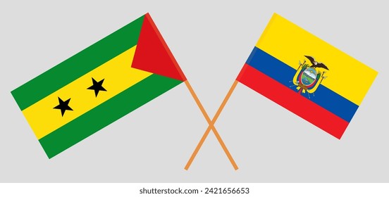 Crossed flags of Sao Tome and Principe and Ecuador. Official colors. Correct proportion. Vector illustration
