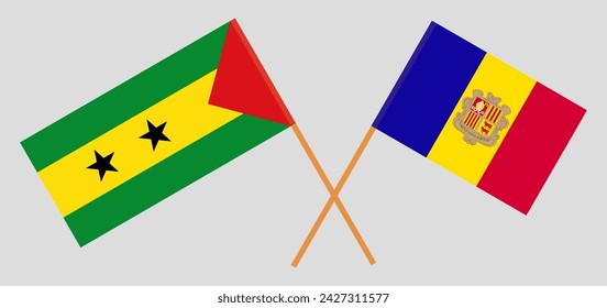 Crossed flags of Sao Tome and Principe and Andorra. Official colors. Correct proportion. Vector illustration
