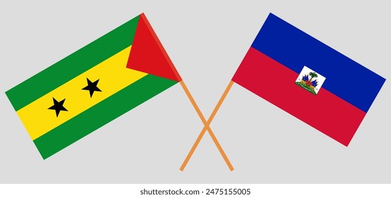 Crossed flags of Sao Tome and Principe and Haiti. Official colors. Correct proportion. Vector illustration
