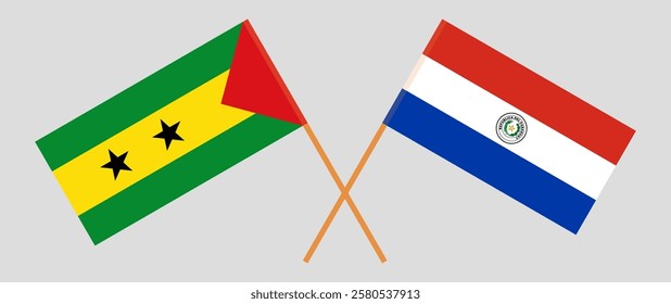 Crossed flags of Sao Tome and Principe and Republic of Paraguay. Official colors. Correct proportion. Vector illustration.
