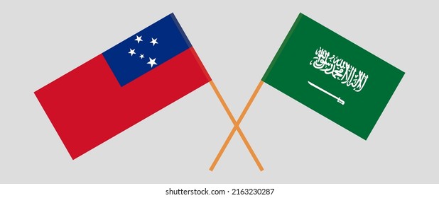 Gekreuzte Flaggen Saudi-Arabiens und Samoas. Offizielle Farben. Richtiger Anteil. Vektorgrafik
