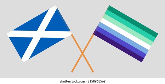 Crossed flags of Scotland and gay men pride. Official colors. Correct proportion. Vector illustration
