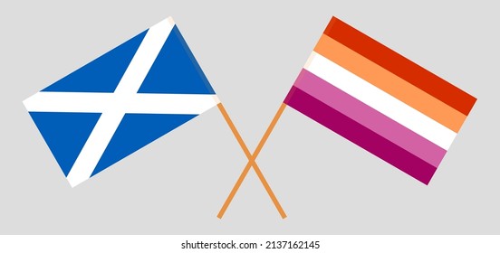 Crossed flags of Scotland and Lesbian Pride. Official colors. Correct proportion. Vector illustration
