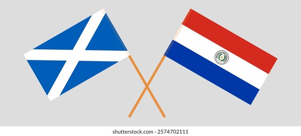 Crossed flags of Scotland and Republic of Paraguay. Official colors. Correct proportion. Vector illustration.
