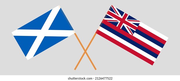 Crossed flags of Scotland and The State Of Hawaii. Official colors. Correct proportion. Vector illustration
