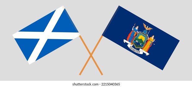 Crossed flags of Scotland and The State of New York. Official colors. Correct proportion. Vector illustration
