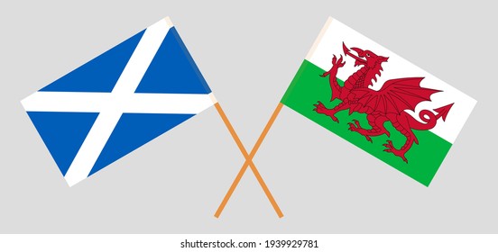 Crossed flags of Scotland and Wales. Official colors. Correct proportion