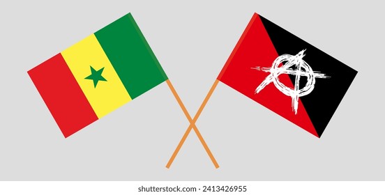 Crossed flags of Senegal and anarchy. Official colors. Correct proportion. Vector illustration
