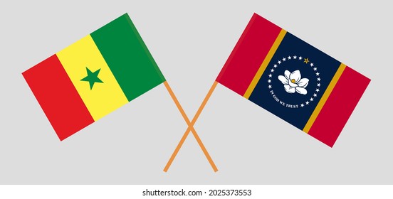 Banderas cruzadas del Senegal y el Estado de Misisipi. Colores oficiales. Proporción correcta