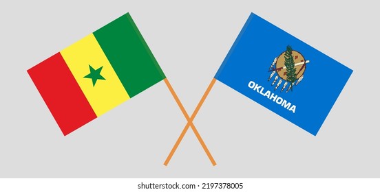 Banderas cruzadas de Senegal y el estado de Oklahoma. Colores oficiales. Proporción correcta. Ilustración del vector
