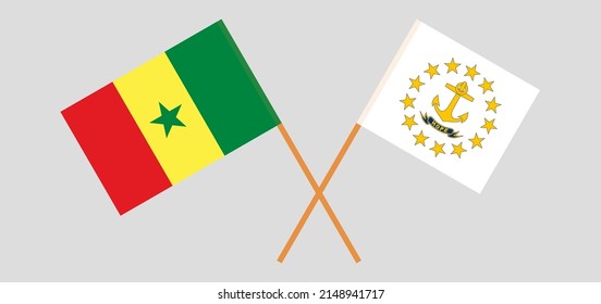 Banderas cruzadas de Senegal y el estado de la isla Rhode. Colores oficiales. Proporción correcta. Ilustración del vector

